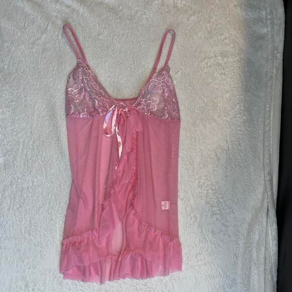 Vintage Lingerie Cami \ Baby Pink Mesh 2000s Y2K Lingerie Cami Slip Dress - Picture 8 of 9